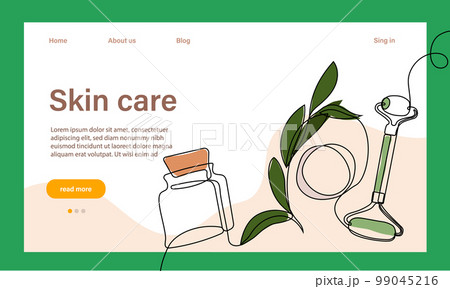 Skin care concept. Landing page template. Morning routine. Bath time. Organic products for scrubbing and body skin care with natural herbal skin care products, top view. Vector illustration Skin care concept. Landing page template. Morning routine. Bath time. Organic products for scrubbing and body skin care with natural herbal skin care products, top view. Vector illustration 99045216