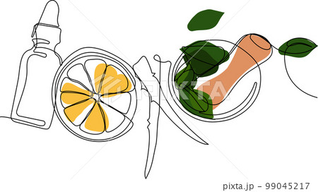 Skin care concept. Landing page template. Morning routine. Bath time. Organic products for scrubbing and body skin care with natural herbal skin care products, top view. Vector illustration Skin care concept. Landing page template. Morning routine. Bath time. Organic products for scrubbing and body skin care with natural herbal skin care products, top view. Vector illustration 99045217