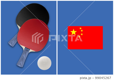 World Table Tennis, tennis table and two table tennis rackets top view 99045267