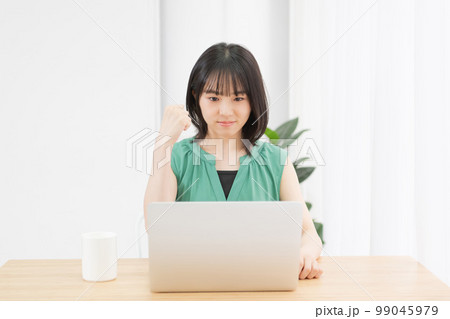 PCの前でガッツポーズをしている若い女性 PCの前でガッツポーズをしている若い女性 99045979