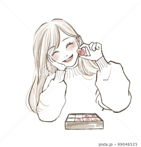 バレンタインに自分へのご褒美のチョコを楽しむ笑顔の女の子のイラスト