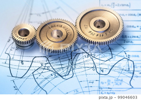 Cogwhees on a sketch, closeup shot 99046603