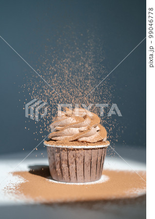 Cupcake on a dark background, which is sprinkled on top. Cupcake on a dark background, which is sprinkled on top. 99046778