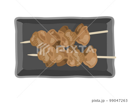 皿に盛り付けられた、タレ漬けの焼き鳥のイラスト 99047263