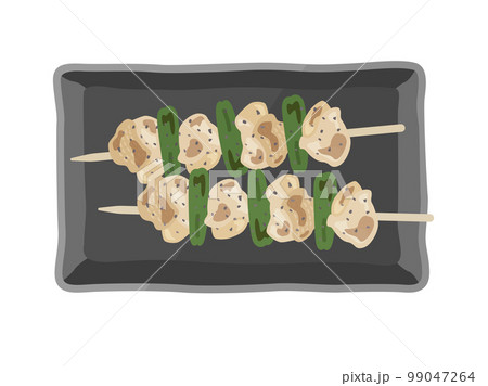 皿に盛り付けられた、シシトウをはさんだ、塩の焼き鳥のイラスト 99047264