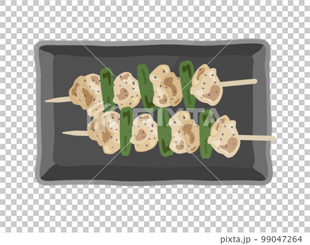 皿に盛り付けられた、シシトウをはさんだ、塩の焼き鳥のイラスト 99047264
