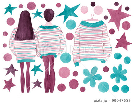 A couple in love holds hands. Back view. Festive set of two people and a striped sweater on a hanger surrounded by stars and confetti. Isolated illustration for your design. Ideal for stickers 99047652