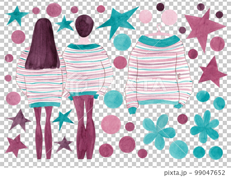 A couple in love holds hands. Back view. Festive set of two people and a striped sweater on a hanger surrounded by stars and confetti. Isolated illustration for your design. Ideal for stickers 99047652