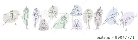 Set of single line drawings of a girl sitting and standing in a yoga pose, abstract shapes backgrounds Set of single line drawings of a girl sitting and standing in a yoga pose, abstract shapes backgrounds 99047771
