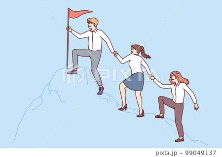 People in business attire climb mountain holding hands to reach flag at top 99049137