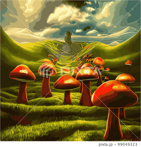Surreal rowing landscape vector illustration. Enchanted forest with mushrooms magic. meadow with colorful mushrooms fantasy style. Beautiful magic mushrooms lost forest and fireflies background fog Surreal rowing landscape vector illustration. Enchanted forest with mushrooms magic. meadow with colorful mushrooms fantasy style. Beautiful magic mushrooms lost forest and fireflies background fog 99049323