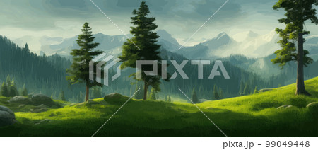 Vector horizontal landscape with fog, forest, mountains, morning sunlight. Illustration panoramic view, fogs silhouettes. Nice wallpaper, background, banner, cover, poster. natural clean landscape 99049448
