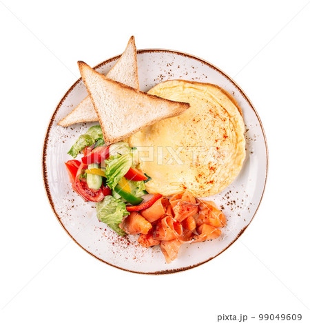 Portion of breakfast with omelette and salmon 99049609