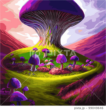 Surreal rowing landscape vector illustration. Enchanted forest with mushrooms magic. meadow with colorful mushrooms fantasy style. Beautiful magic mushrooms lost forest and fireflies background fog  99049646
