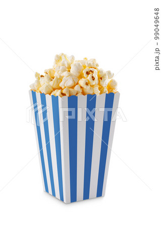 Blue white striped carton bucket with tasty cheese popcorn, isolated on white background 99049648