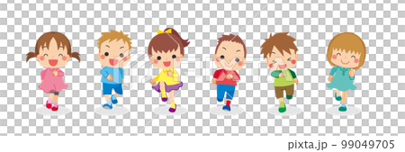 駆け寄ってくる可愛い子供たちのイラスト　セット　白背景　ベクター　クリップアート 99049705