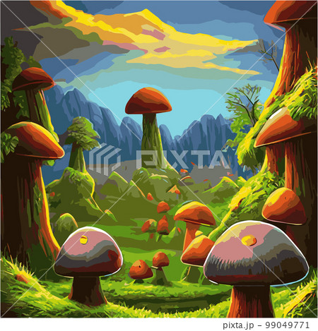 Surreal rowing landscape vector illustration. Enchanted forest with mushrooms magic. meadow with colorful mushrooms fantasy style. Beautiful magic mushrooms lost forest and fireflies background fog  99049771
