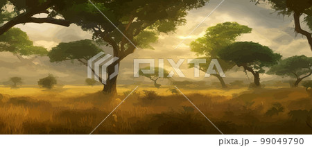 African savanna. Grass, acacia trees and river. Realistic vector landscape. African nature. Reserves and national parks. Banner vector illustration. Savanna landscape background 99049790