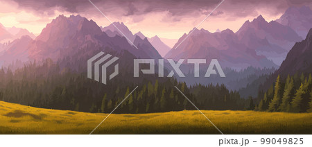 Panoramic view of big mountains, beautiful green meadows. Flat cartoon landscape with nature. Summer or spring landscape. Travel posters. Natural park or forest outdoor background with mountains Panoramic view of big mountains, beautiful green meadows. Flat cartoon landscape with nature. Summer or spring landscape. Travel posters. Natural park or forest outdoor background with mountains 99049825