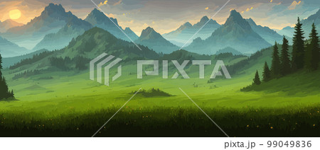 Panoramic view of big mountains, beautiful green meadows. Flat cartoon landscape with nature. Summer or spring landscape. Travel posters. Natural park or forest outdoor background with mountains Panoramic view of big mountains, beautiful green meadows. Flat cartoon landscape with nature. Summer or spring landscape. Travel posters. Natural park or forest outdoor background with mountains 99049836