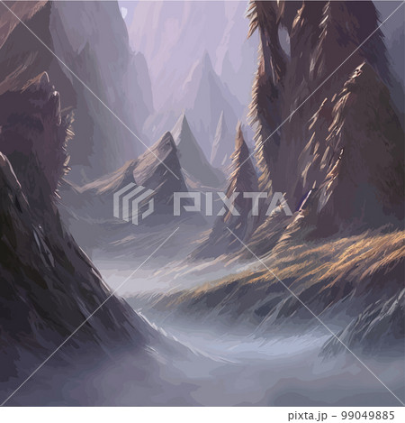 Realistic illustration mountain landscape with a hill forest with coniferous trees, under blue winter sky with space for text. Gray mountains forest retro vintage vector background illustration. 99049885