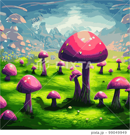 Surreal rowing landscape vector illustration. Enchanted forest with mushrooms magic. meadow with colorful mushrooms fantasy style. Beautiful magic mushrooms lost forest and fireflies background fog  99049949
