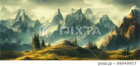 Fantasy epic magic mountain landscape. Mystical winter valley valley , Panoramic view of big mountains . Mountains landscape. Rural nature background. hills horizon 99049957