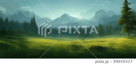 Vector horizontal landscape with fog, forest, mountains, morning sunlight. Illustration panoramic view, fogs silhouettes. Nice wallpaper, background, banner, cover, poster. natural clean landscape Vector horizontal landscape with fog, forest, mountains, morning sunlight. Illustration panoramic view, fogs silhouettes. Nice wallpaper, background, banner, cover, poster. natural clean landscape 99050327