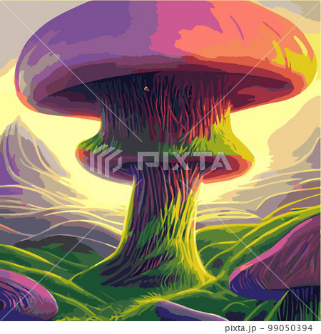 Surreal rowing landscape vector illustration. Enchanted forest with mushrooms magic. meadow with colorful mushrooms fantasy style. Beautiful magic mushrooms lost forest and fireflies background fog  99050394