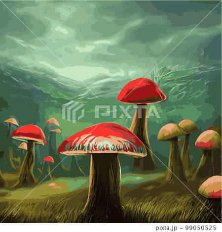 Surreal rowing landscape vector illustration. Enchanted forest with mushrooms magic. meadow with colorful mushrooms fantasy style. Beautiful magic mushrooms lost forest and fireflies background fog Surreal rowing landscape vector illustration. Enchanted forest with mushrooms magic. meadow with colorful mushrooms fantasy style. Beautiful magic mushrooms lost forest and fireflies background fog 99050525