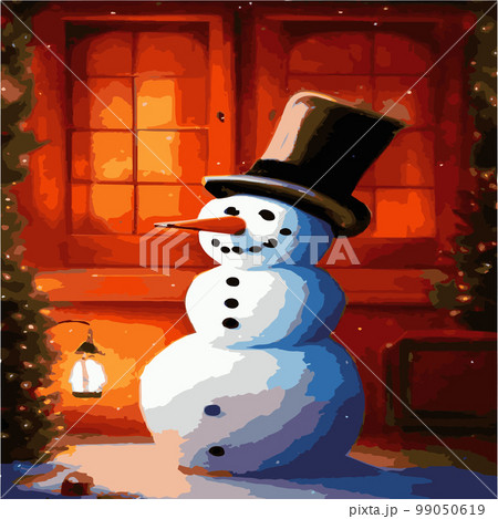 Vector illustration of a winter Christmas snowman with gifts, Christmas snow background. Christmas card with funny snowman in Santa Cap with gift boxes against winter forest 99050619