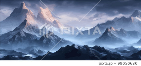 Fantasy epic magic mountain landscape. Mystical winter valley valley , Panoramic view of big mountains . Mountains landscape. Rural nature background. hills horizon Fantasy epic magic mountain landscape. Mystical winter valley valley , Panoramic view of big mountains . Mountains landscape. Rural nature background. hills horizon 99050630