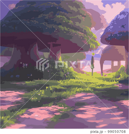 Surreal rowing landscape vector illustration. Enchanted forest with mushrooms magic. meadow with colorful mushrooms fantasy style. Beautiful magic mushrooms lost forest and fireflies background fog  99050708