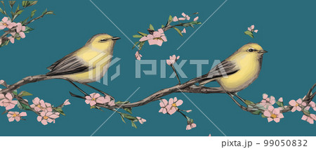 drawing a bird on a flowering tree branches. Vintage sketch of beautiful birds with flowers. Welcoming card design. , banner illustration. Ideal for fabric, wallpaper, gifts or postcard design. drawing a bird on a flowering tree branches. Vintage sketch of beautiful birds with flowers. Welcoming card design. , banner illustration. Ideal for fabric, wallpaper, gifts or postcard design. 99050832