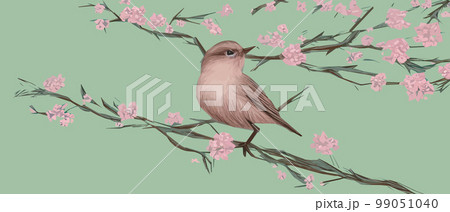 drawing a bird on a flowering tree branches. Vintage sketch of beautiful birds with flowers. Welcoming card design. , banner illustration. Ideal for fabric, wallpaper, gifts or postcard design. 99051040