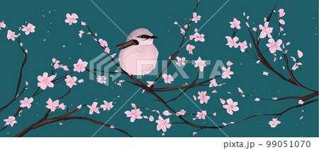 drawing a bird on a flowering tree branches. Vintage sketch of beautiful birds with flowers. Welcoming card design. , banner illustration. Ideal for fabric, wallpaper, gifts or postcard design. 99051070