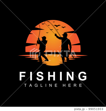 fishing logo icon vector, catch fish on the boat, outdoor sunset silhouette design fishing logo icon vector, catch fish on the boat, outdoor sunset silhouette design 99051933