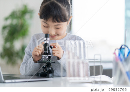 顕微鏡を見る小学生の女の子 99052766