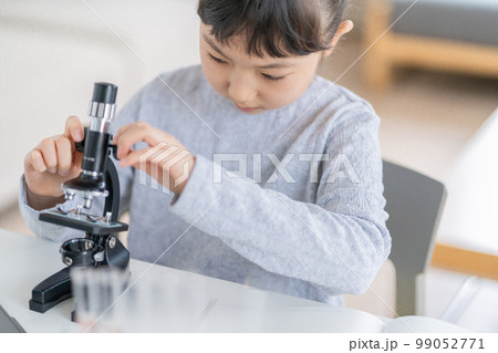 顕微鏡を操作する小学生の女の子 99052771