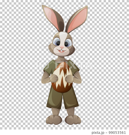 Funny bunny holds an Easter egg in its paws. Vector illustration for the spring holiday. Wildlife, forest animals. Isolated background. 99053561