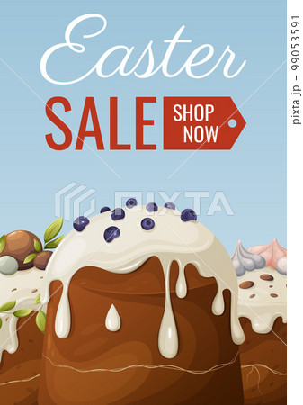 Easter sale. Traditional cakes, pastries decorated with white icing, berries and meringues. Vector illustration for the spring holiday. For banner, poster, flyer 99053591