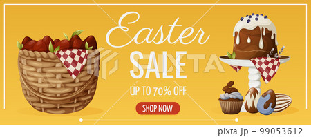 Easter sale. Wicker basket with red eggs, festive pastries, cakes and cupcakes decorated with icing and chocolate. Vector illustration for the spring holiday. Bright horizontal banner, flyer, poster 99053612
