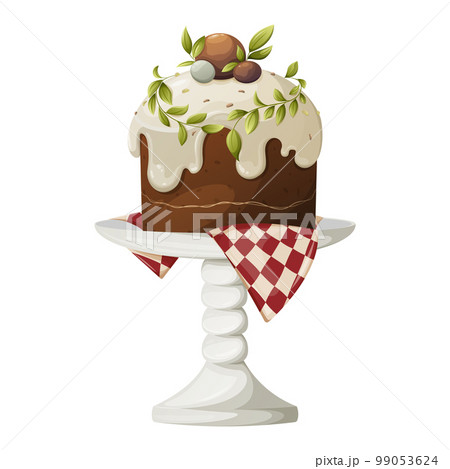 Easter cake on a stand, decorated with white icing and leaves. Festive baking, spring theme. Vector illustration, cartoon style, isolated background. Easter cake on a stand, decorated with white icing and leaves. Festive baking, spring theme. Vector illustration, cartoon style, isolated background. 99053624
