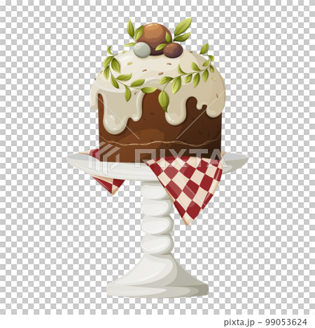 Easter cake on a stand, decorated with white icing and leaves. Festive baking, spring theme. Vector illustration, cartoon style, isolated background. Easter cake on a stand, decorated with white icing and leaves. Festive baking, spring theme. Vector illustration, cartoon style, isolated background. 99053624
