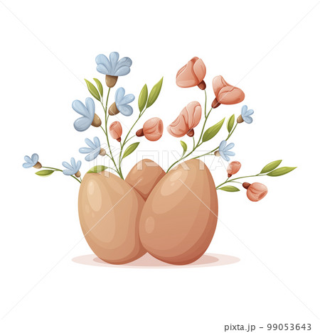 Chicken Easter eggs surrounded by flowers. Festive spring theme. Vector illustration, cartoon style, isolated background. Chicken Easter eggs surrounded by flowers. Festive spring theme. Vector illustration, cartoon style, isolated background. 99053643