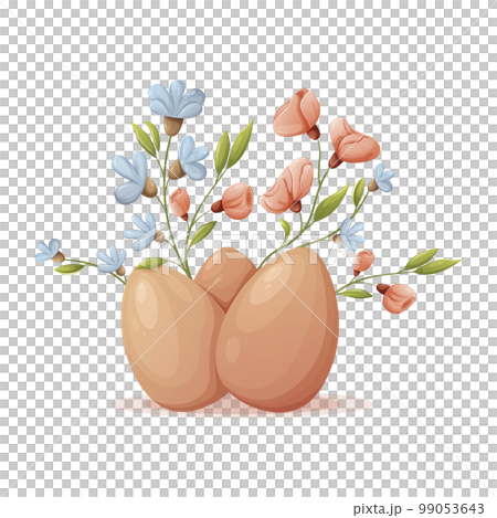 Chicken Easter eggs surrounded by flowers. Festive spring theme. Vector illustration, cartoon style, isolated background. Chicken Easter eggs surrounded by flowers. Festive spring theme. Vector illustration, cartoon style, isolated background. 99053643
