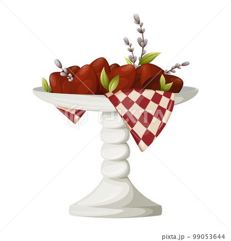 Red Easter eggs on a stand with a towel. Willow branches. Festive spring theme. Vector illustration, cartoon style, isolated background. Red Easter eggs on a stand with a towel. Willow branches. Festive spring theme. Vector illustration, cartoon style, isolated background. 99053644