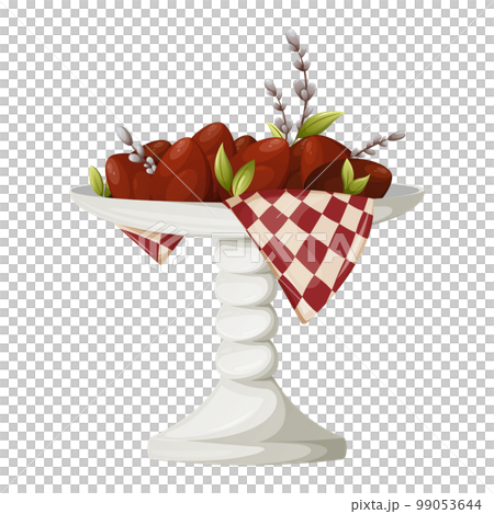 Red Easter eggs on a stand with a towel. Willow branches. Festive spring theme. Vector illustration, cartoon style, isolated background. Red Easter eggs on a stand with a towel. Willow branches. Festive spring theme. Vector illustration, cartoon style, isolated background. 99053644