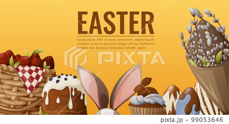 Easter banner with holiday attributes, a wicker basket with red eggs, traditional cakes, bunny ears, a bouquet with willow branches. Place for text. Horizontal poster, bright background Easter banner with holiday attributes, a wicker basket with red eggs, traditional cakes, bunny ears, a bouquet with willow branches. Place for text. Horizontal poster, bright background 99053646