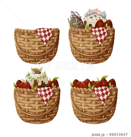 A set of wicker baskets with red eggs, Easter cake, a bouquet of willow branches. Vector illustration for the spring religious holiday on an isolated background. 99053647